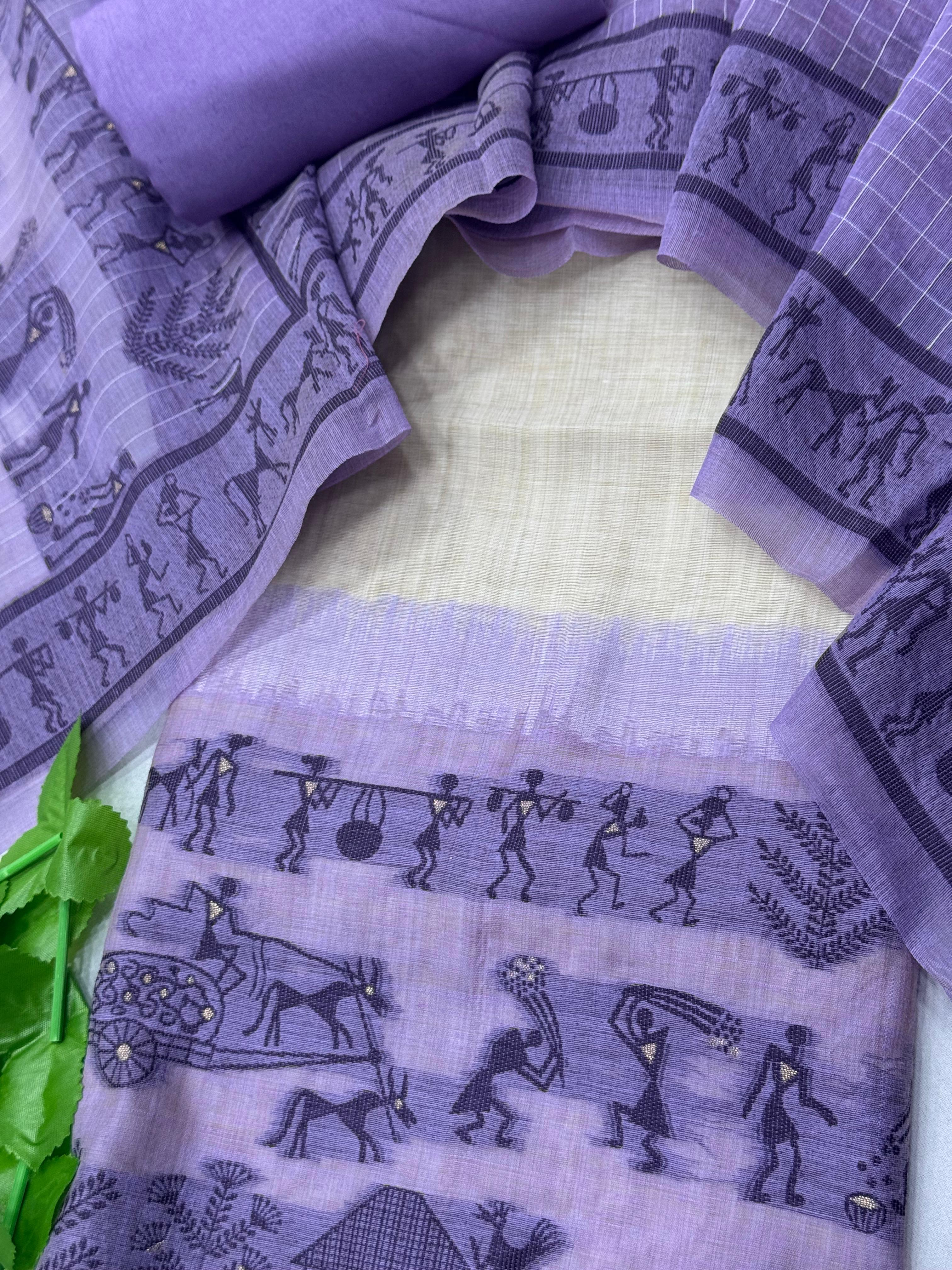 Lavender Pure Muga Silk Warli With All Over Butti Weaving Unstitched 3pis Dress Material