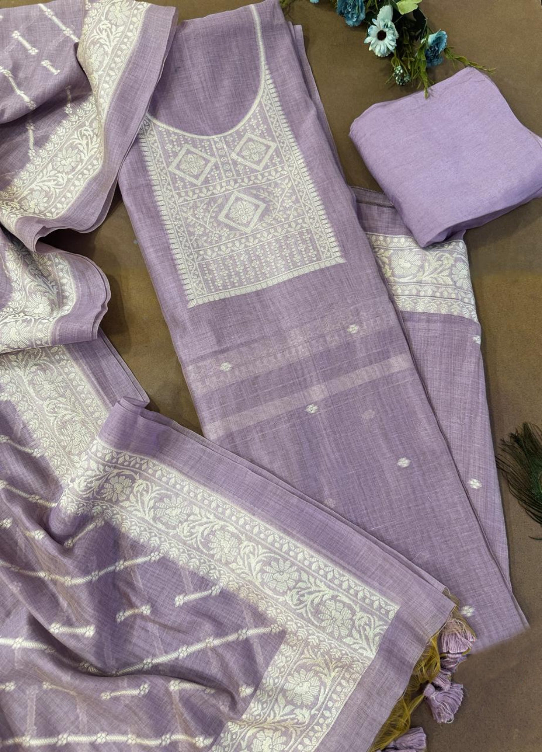 Lavender Pure Soft Muga Cotton Weaving Work Unstitched Dress Material