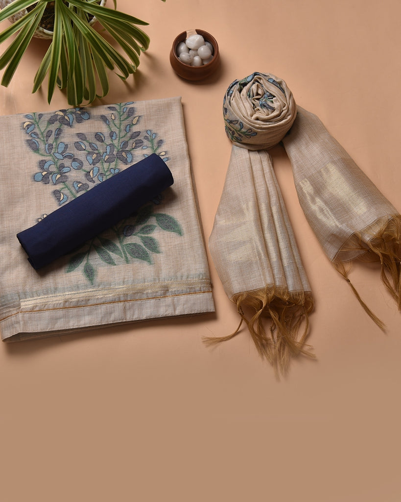 Navy Blue Pure Soft Muga Cotton Flower Weaving Unstitched Dress Material