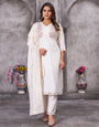 White Roman Silk Coding Embroidery With Sequins Meena Work Suit Set