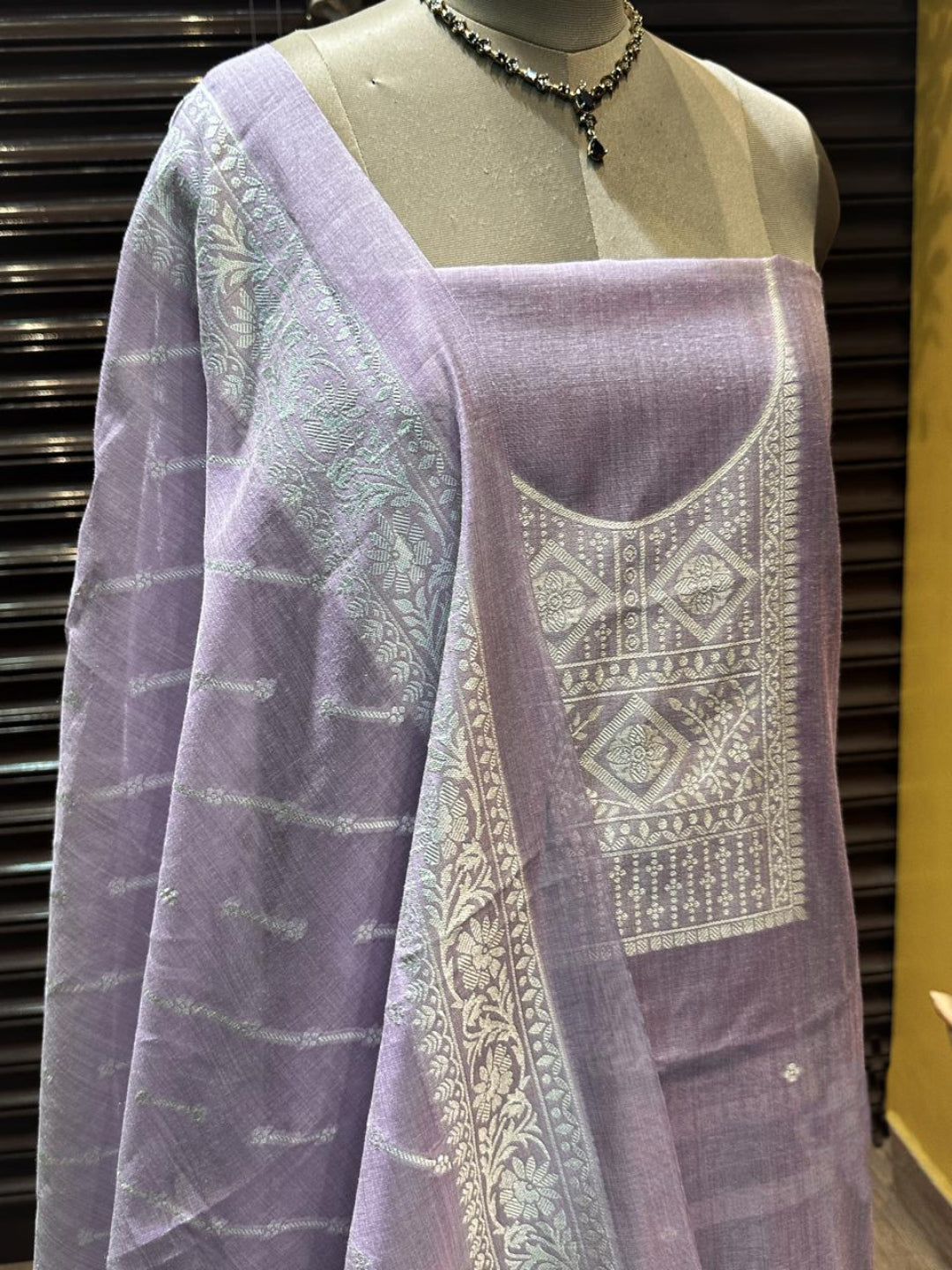 Lavender Pure Soft Muga Cotton Weaving Work Unstitched Dress Material