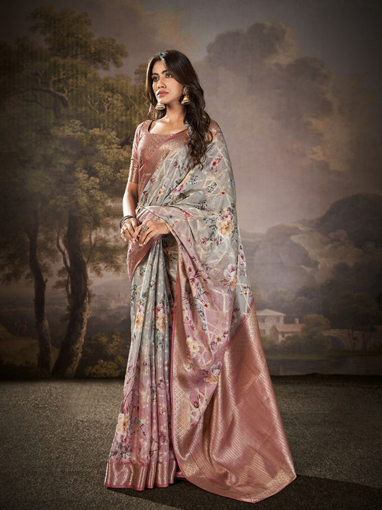 Manorana Grey Tussar cotton Floral Printed Saree