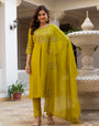 Ocher Viscose Mango Silk Embroidery Thread With Hand Work Suit Set
