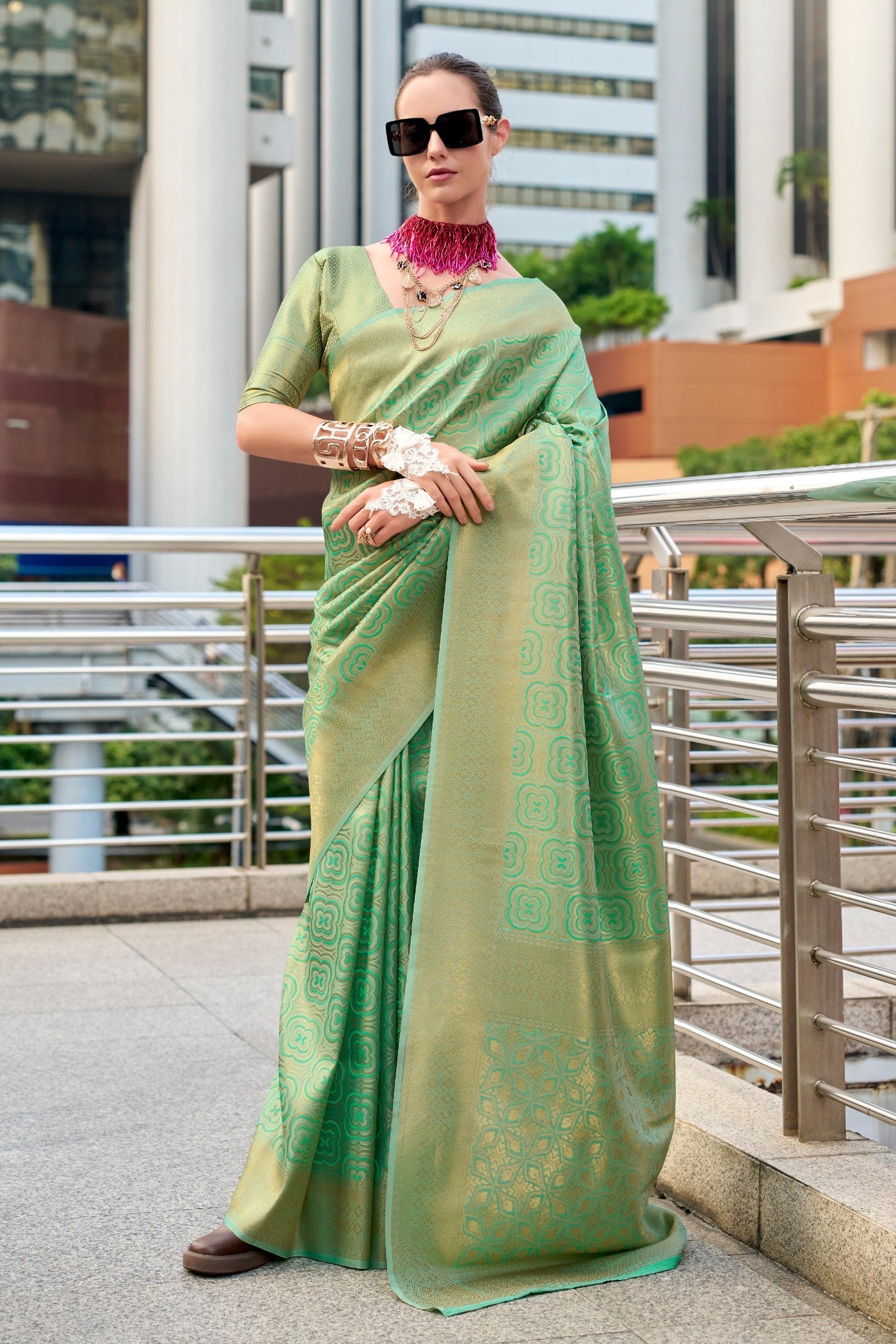 Butterscotch Pistachio Kanchivaram Buttery Silk Weaving Saree