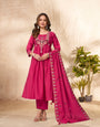 Hot Pink Roman Silk Multi-Thread & Sequence Embroidery Work Suit Set