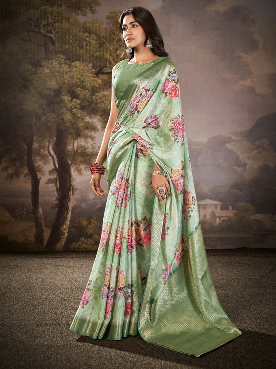 Manorana Green Tussar cotton Floral Printed Saree