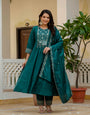 Teal Viscose Roman Silk Embroidery With Real Mirror Hand Work Suit Set