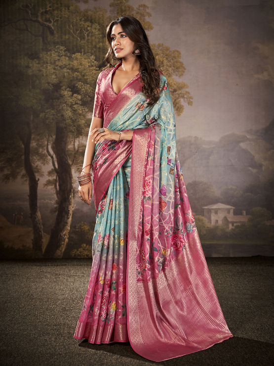 Manorana Blue Tussar cotton Floral Printed Saree
