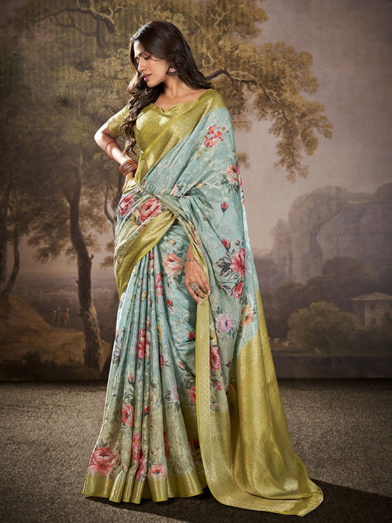 Manorana Sky Blue Tussar cotton Floral Printed Saree