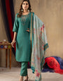 Firozi Green Shimmer Gold Silk Embroidery Thread With Hand Work Suit Set