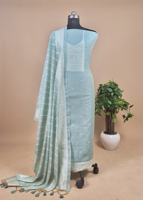 Sky Blue Pure Soft Muga Cotton Weaving Work Unstitched Dress Material