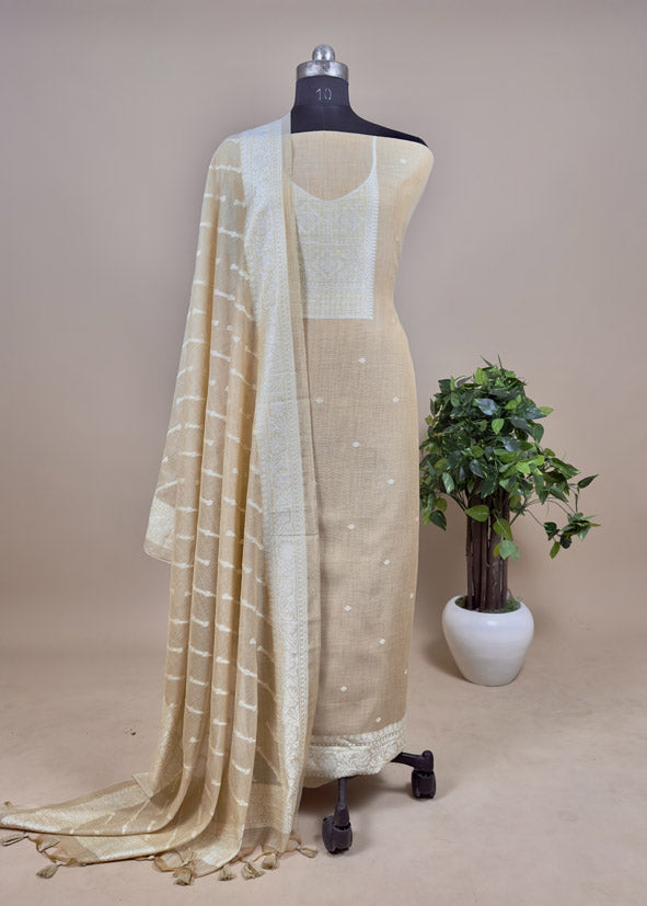 Stone Pure Soft Muga Cotton Weaving Work Unstitched Dress Material