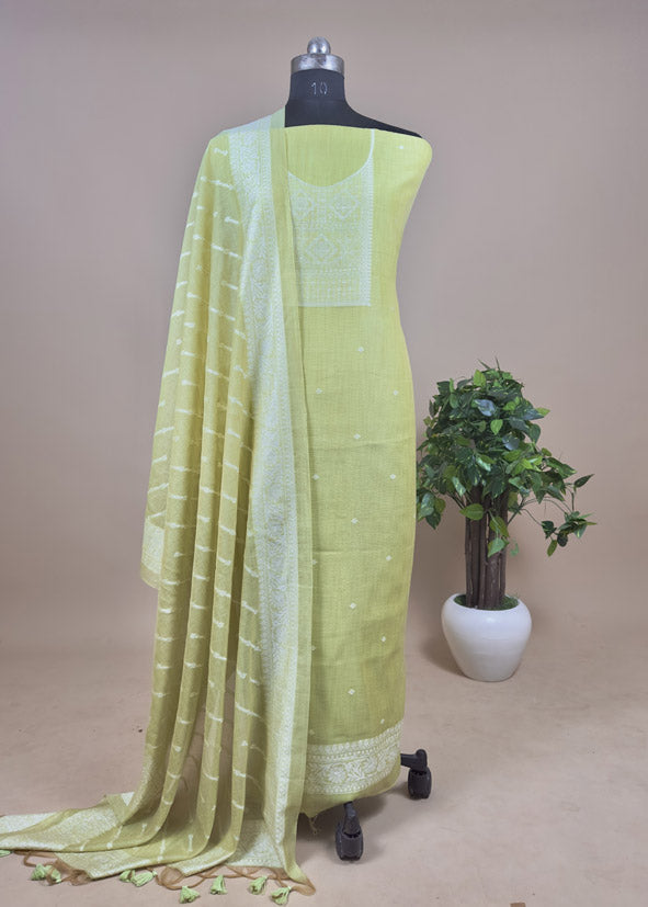 Dusty Green Pure Soft Muga Cotton Weaving Work Unstitched Dress Material