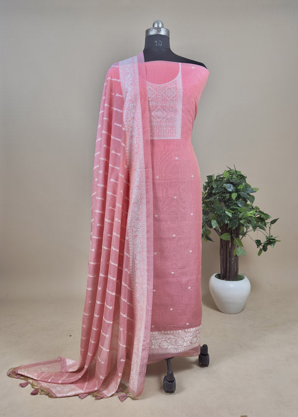 Rose Pink Pure Soft Muga Cotton Weaving Work Unstitched Dress Material