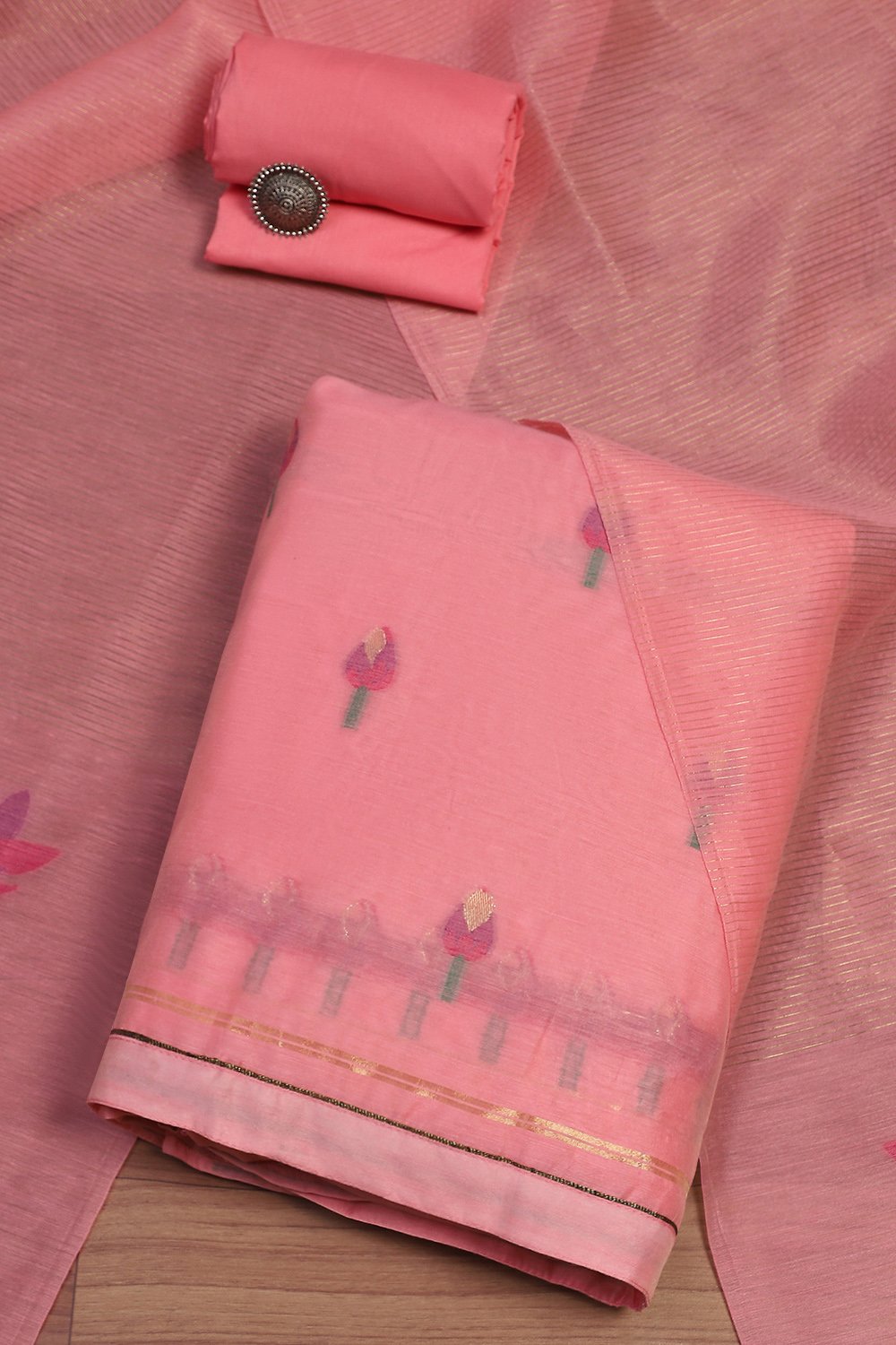 Pink Pure Soft Muga Cotton Flower Weaving Unstitched Dress Material