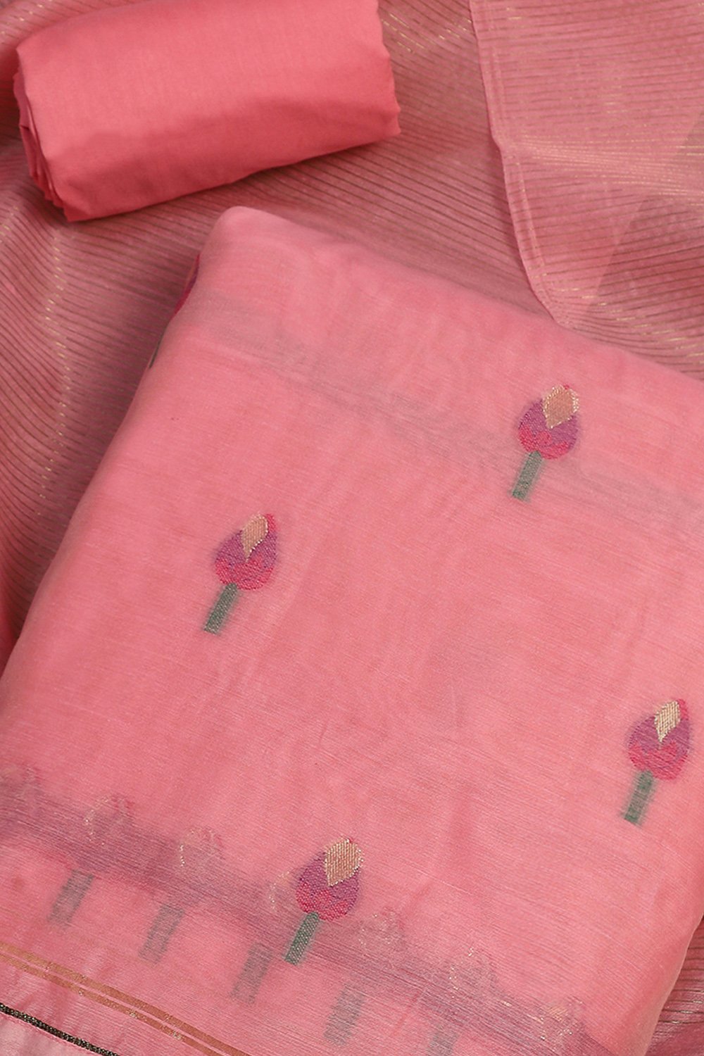 Pink Pure Soft Muga Cotton Flower Weaving Unstitched Dress Material