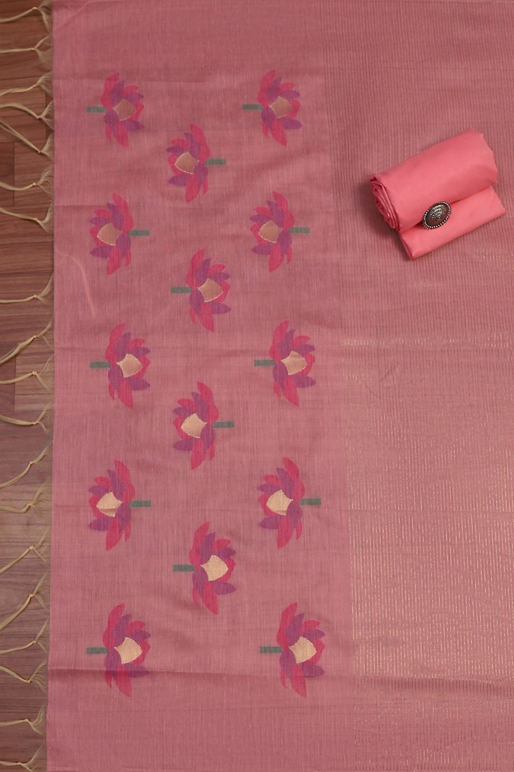 Pink Pure Soft Muga Cotton Flower Weaving Unstitched Dress Material