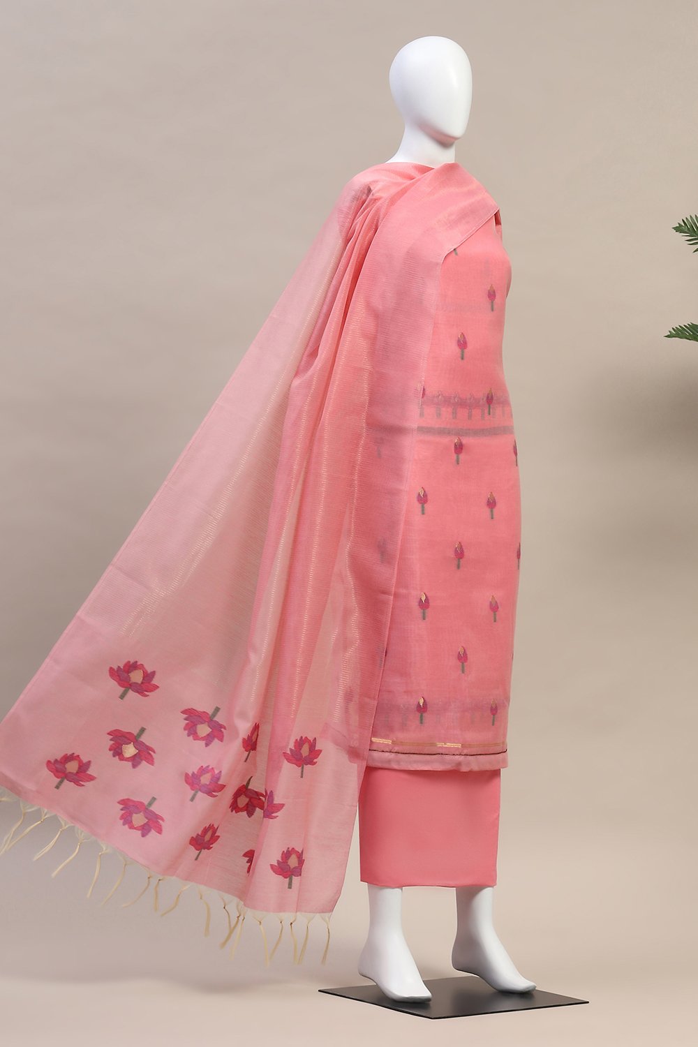 Pink Pure Soft Muga Cotton Flower Weaving Unstitched Dress Material