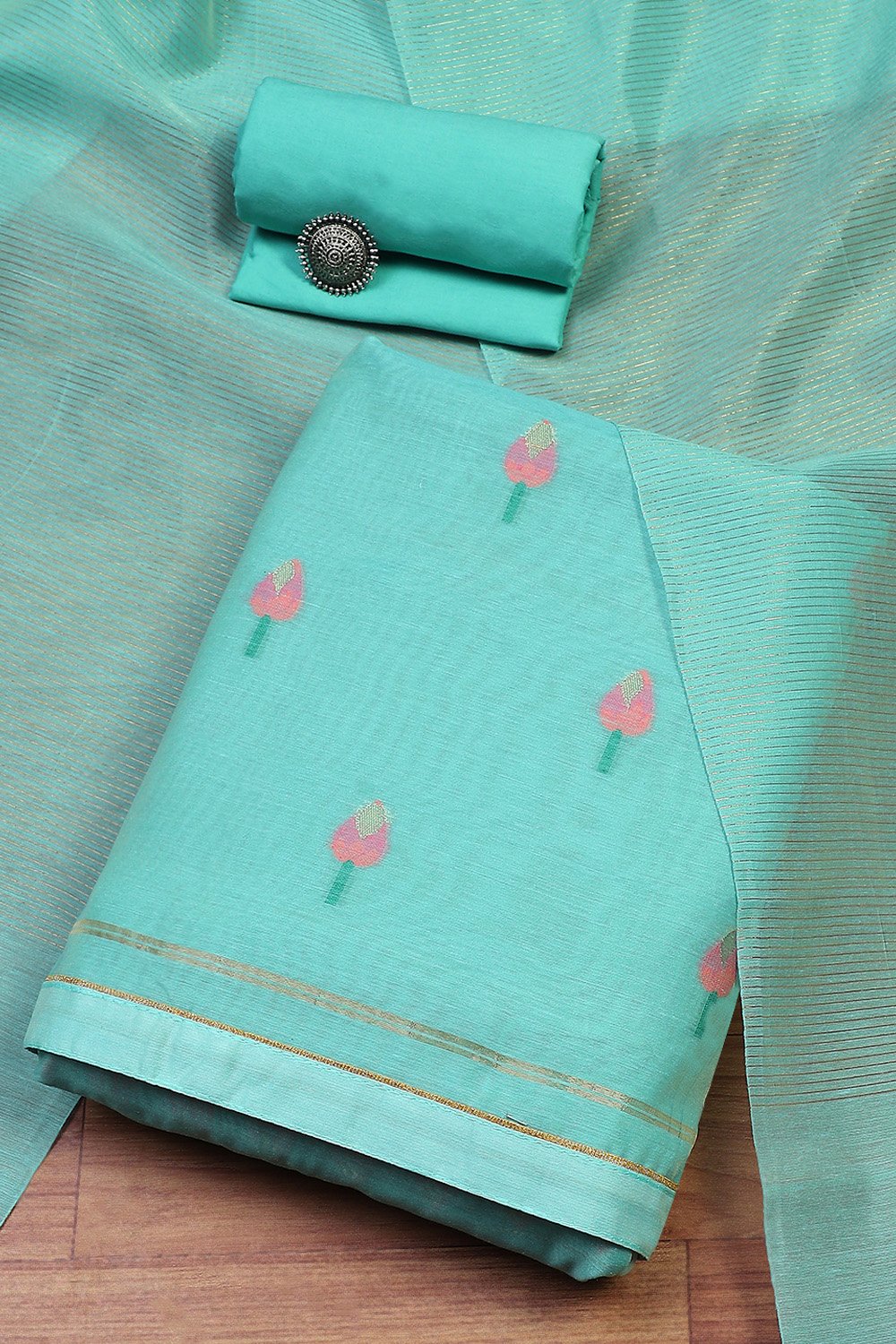 Tiffny Blue Pure Soft Muga Cotton Flower Weaving Unstitched Dress Material