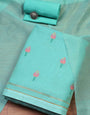 Tiffny Blue Pure Soft Muga Cotton Flower Weaving Unstitched Dress Material