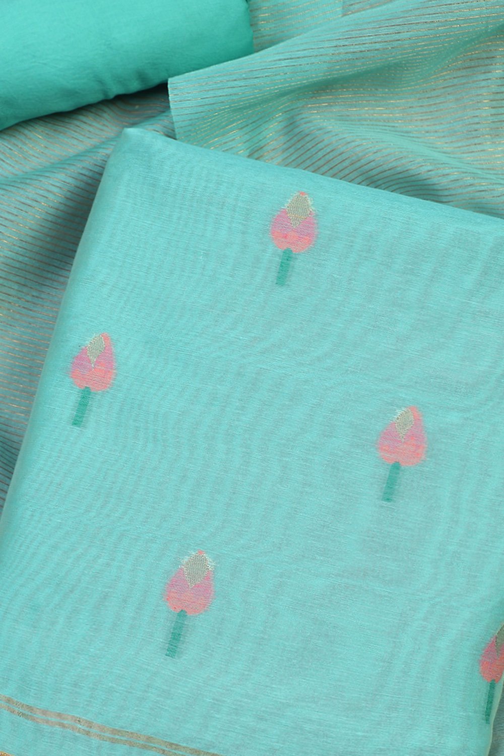 Tiffny Blue Pure Soft Muga Cotton Flower Weaving Unstitched Dress Material