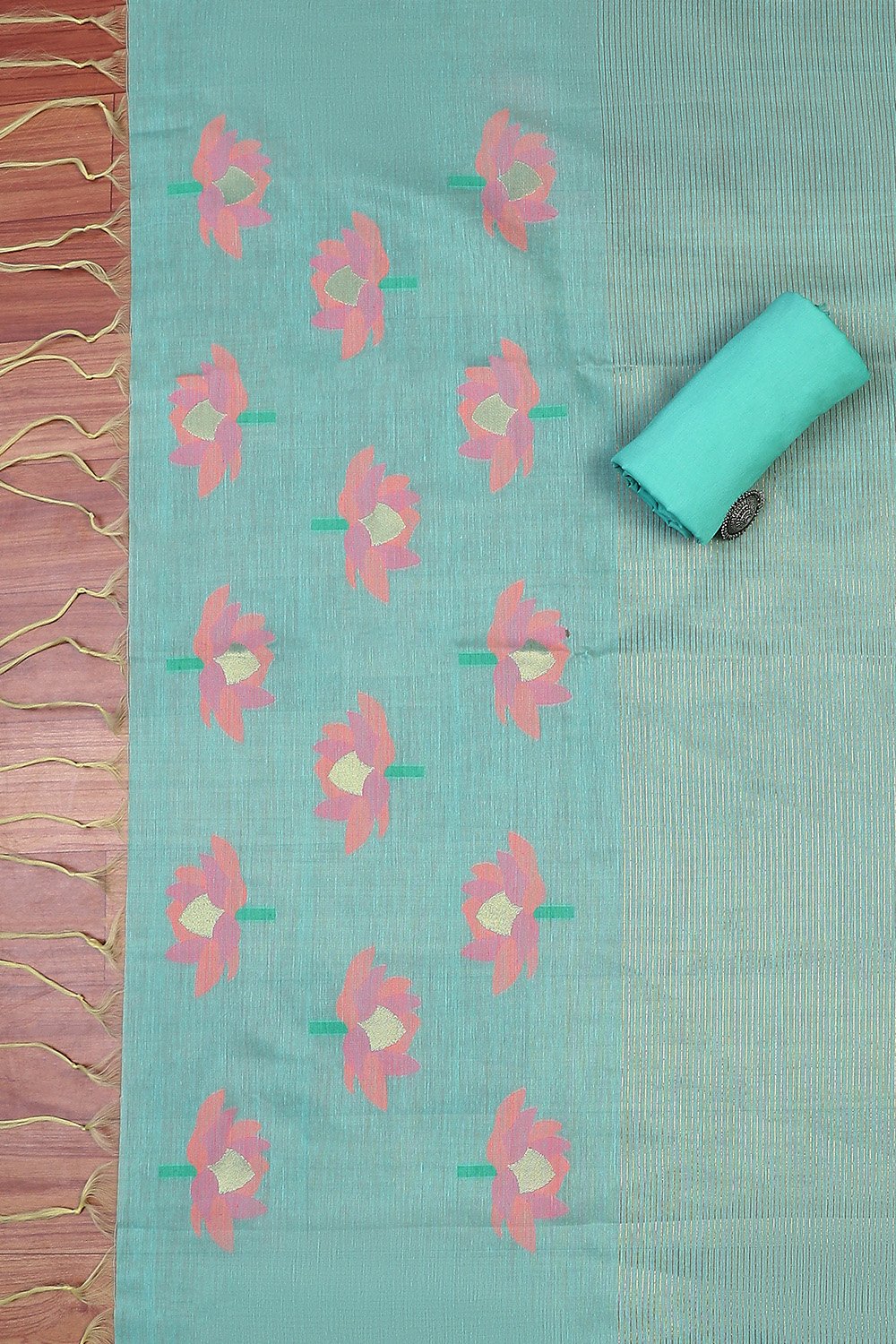 Tiffny Blue Pure Soft Muga Cotton Flower Weaving Unstitched Dress Material