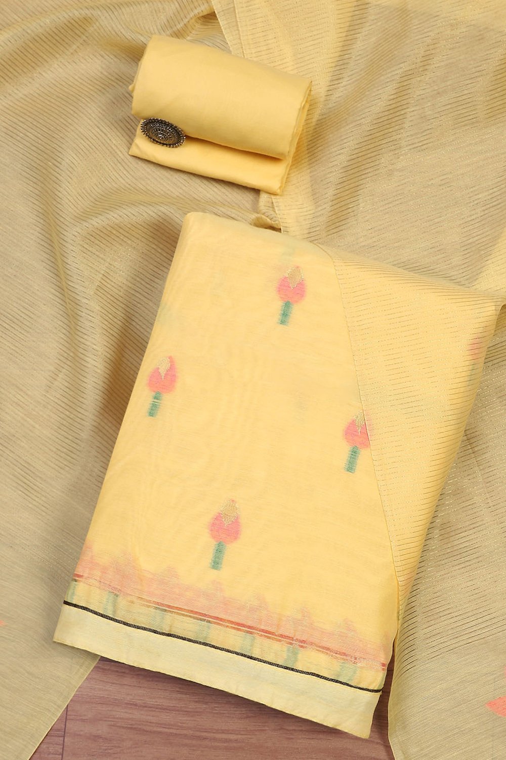 Mustard Pure Soft Muga Cotton Flower Weaving Unstitched Dress Material