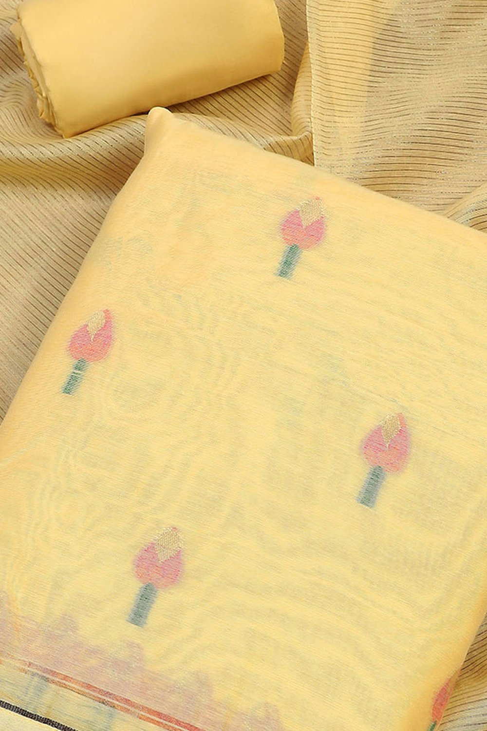 Mustard Pure Soft Muga Cotton Flower Weaving Unstitched Dress Material