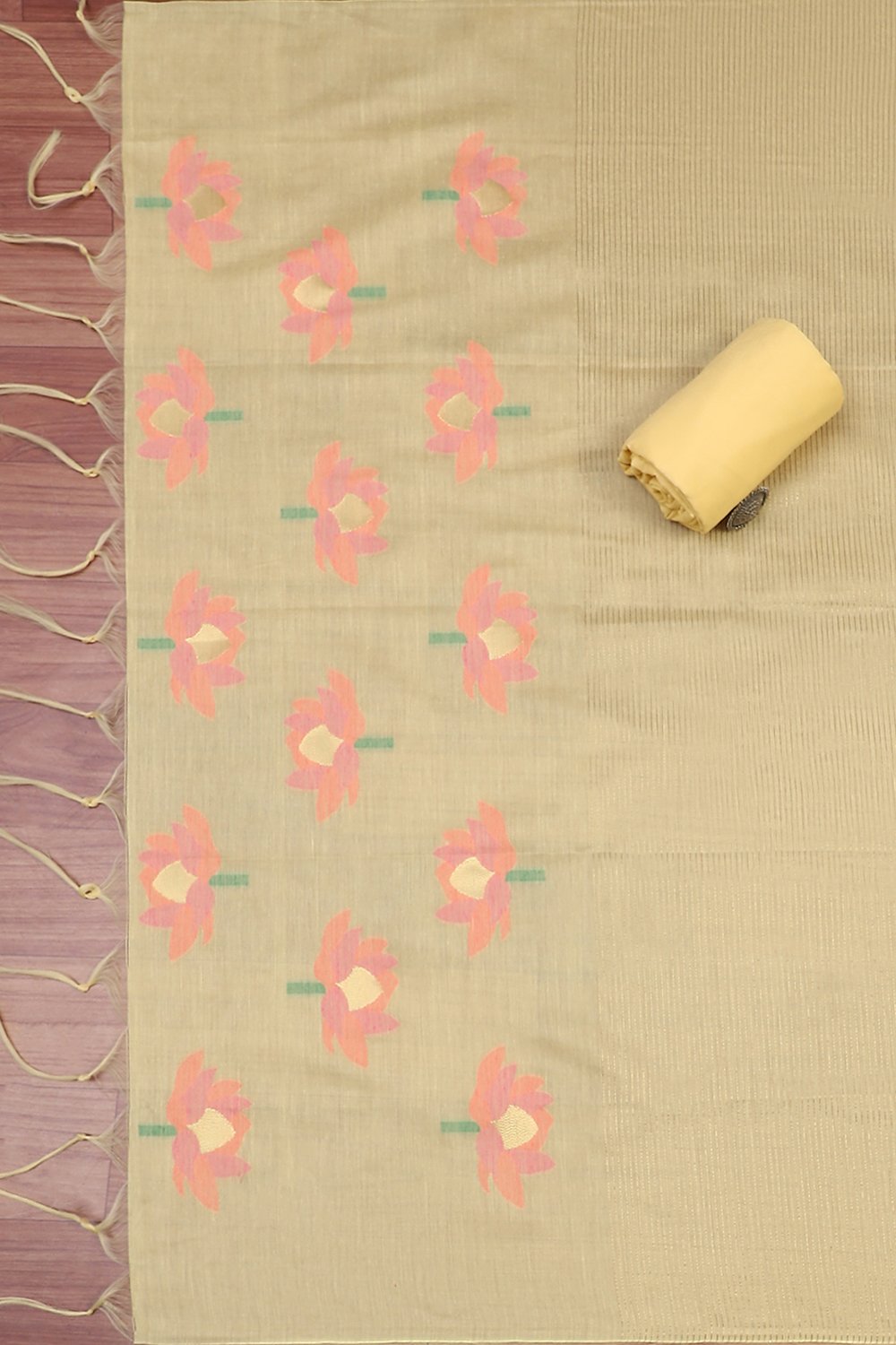 Mustard Pure Soft Muga Cotton Flower Weaving Unstitched Dress Material