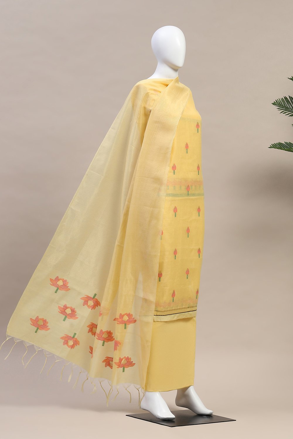 Mustard Pure Soft Muga Cotton Flower Weaving Unstitched Dress Material