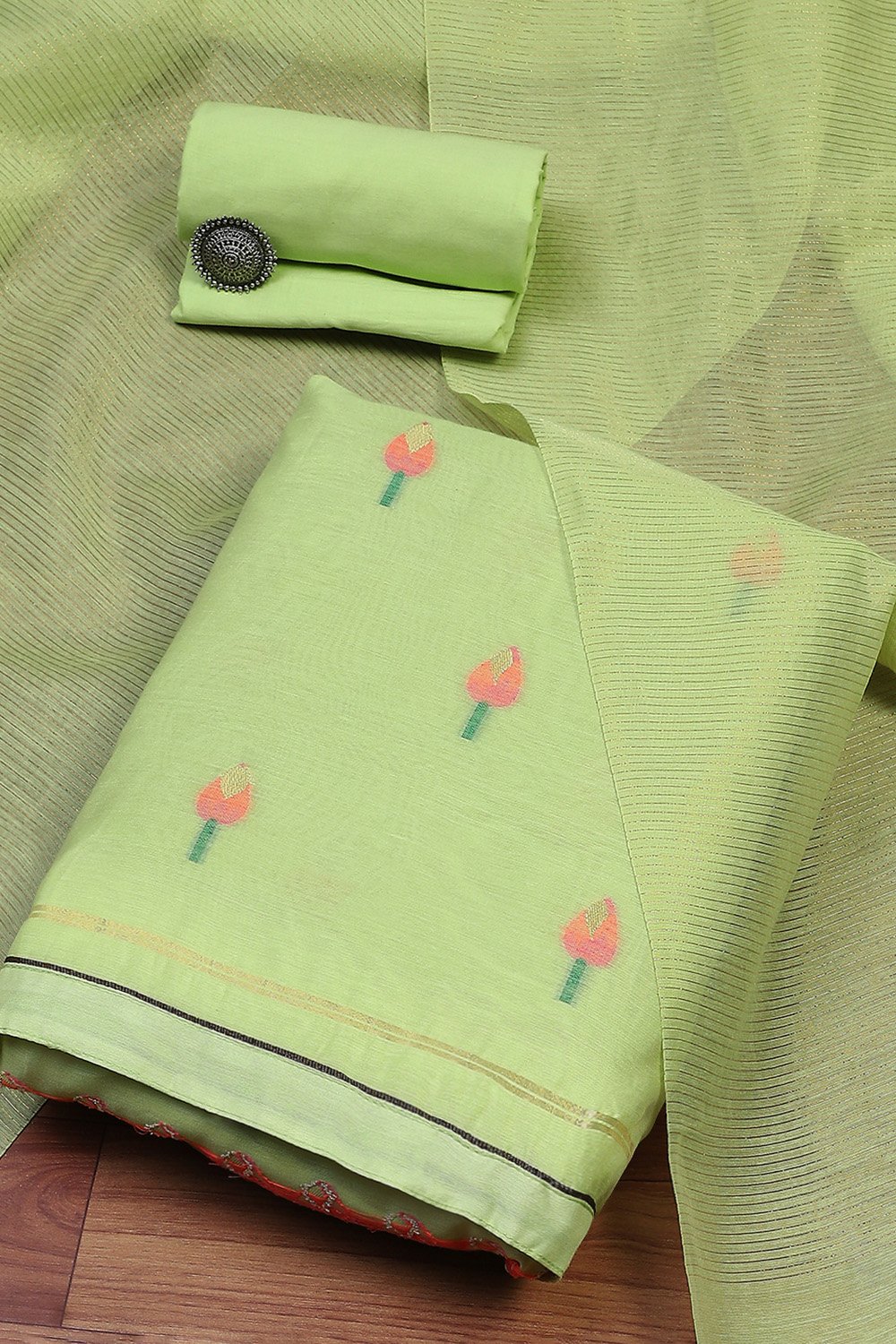 Parrot Green Pure Soft Muga Cotton Flower Weaving Unstitched Dress Material