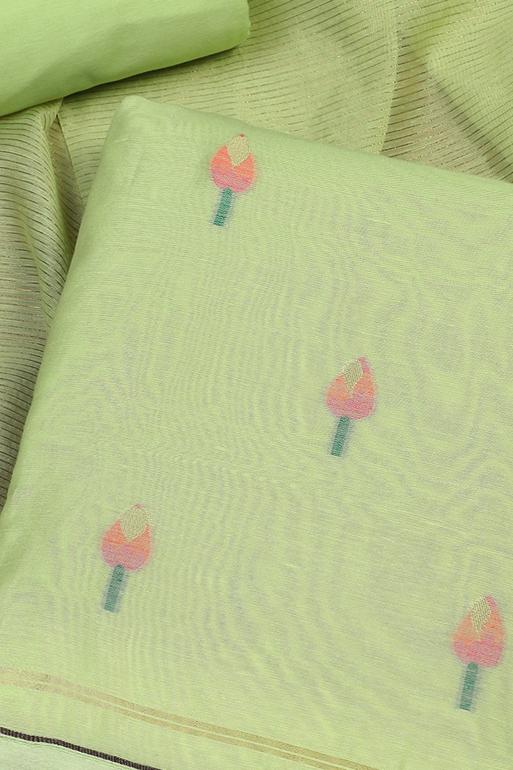 Parrot Green Pure Soft Muga Cotton Flower Weaving Unstitched Dress Material