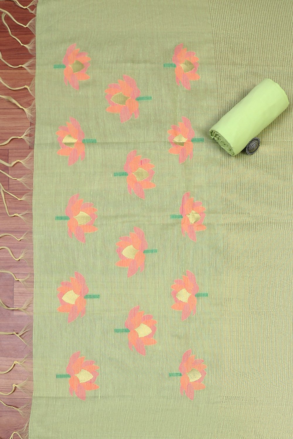 Parrot Green Pure Soft Muga Cotton Flower Weaving Unstitched Dress Material