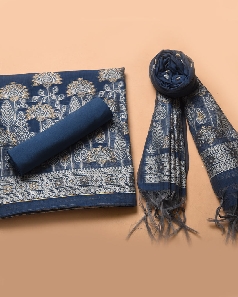 Navy Blue Pure Soft Cotton Jamdani Weaving 3pis Dress Material