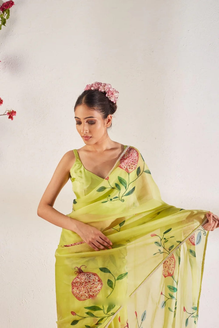 Outstanding One Minute Ready To Wear Olive Green Organza Silk Saree