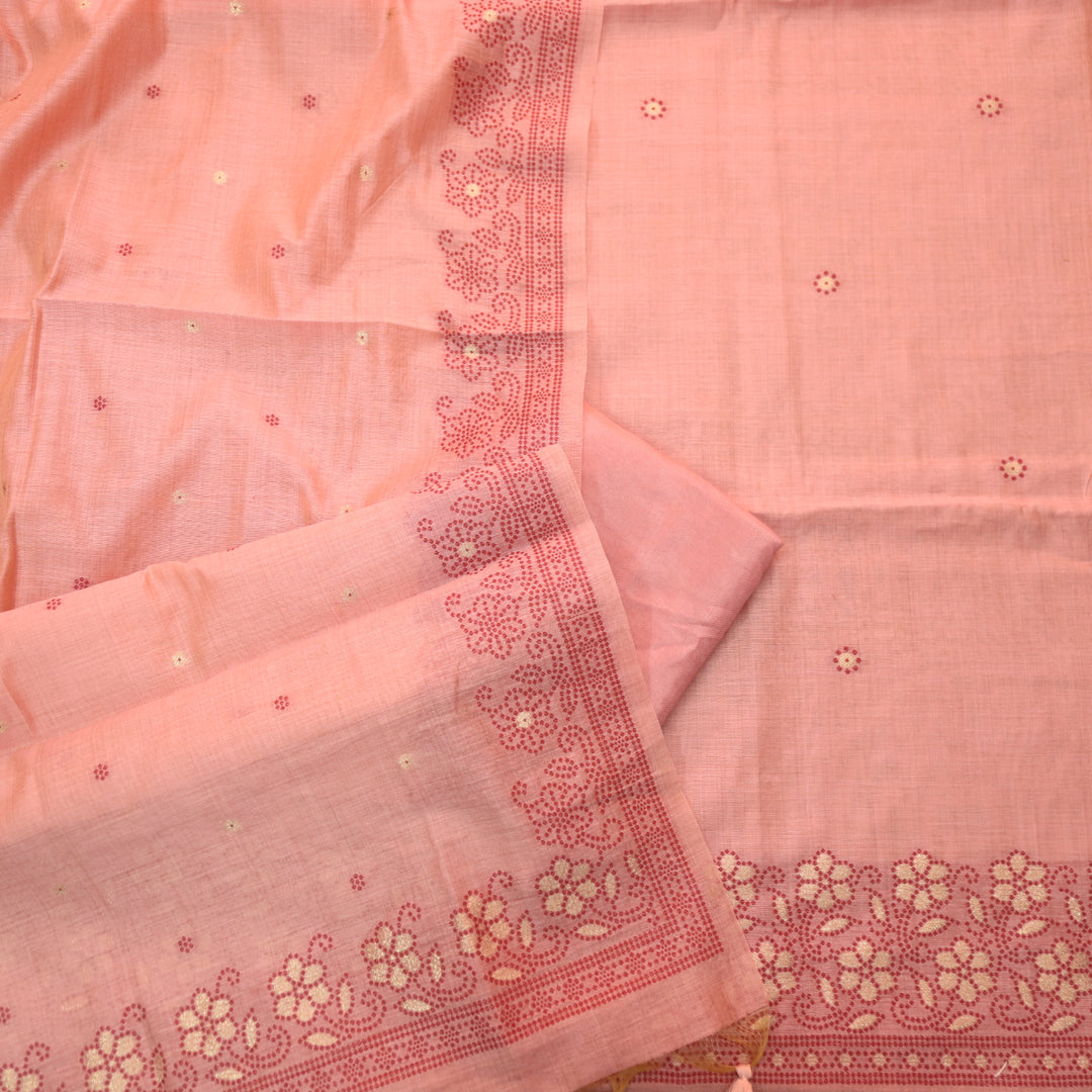 Orange Pure Muga Silk With Flower Weaving Unstitched 3pis Dress Material