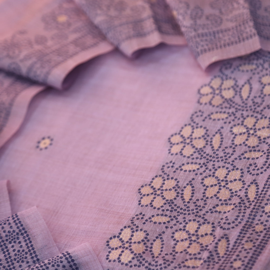 Lavender Pure Muga Silk With Flower Weaving Unstitched 3pis Dress Material