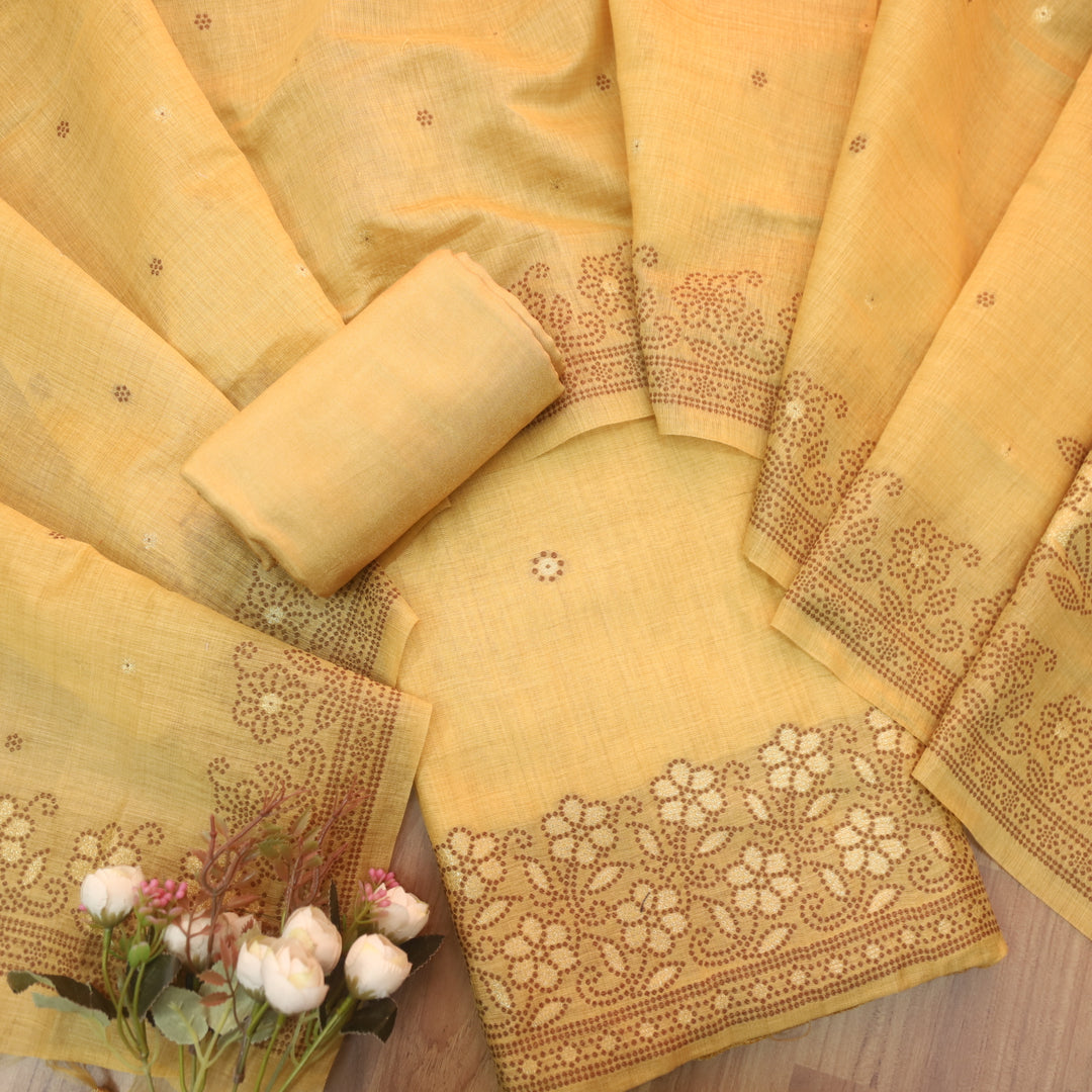 Yellow Pure Muga Silk With Flower Weaving Unstitched 3pis Dress Material