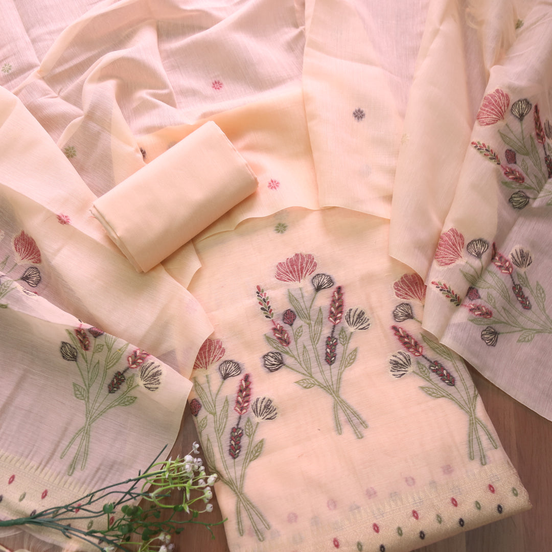 Peach Soft Muga Cotton Jamdani Flower Weaving Unstitched Dress Material
