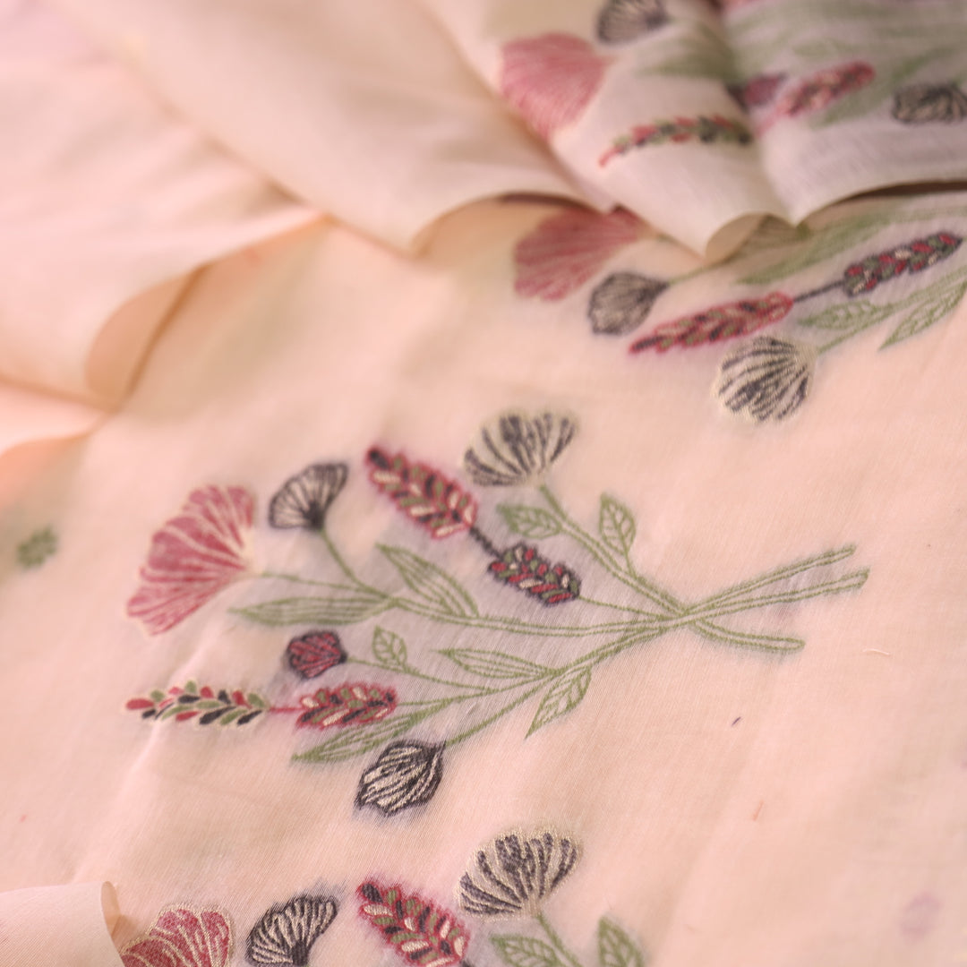 Peach Soft Muga Cotton Jamdani Flower Weaving Unstitched Dress Material