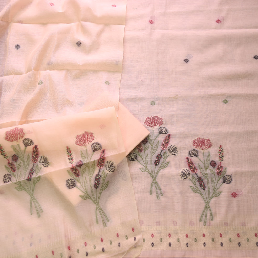 Peach Soft Muga Cotton Jamdani Flower Weaving Unstitched Dress Material