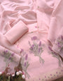Pink Soft Muga Cotton Jamdani Flower Weaving Unstitched Dress Material