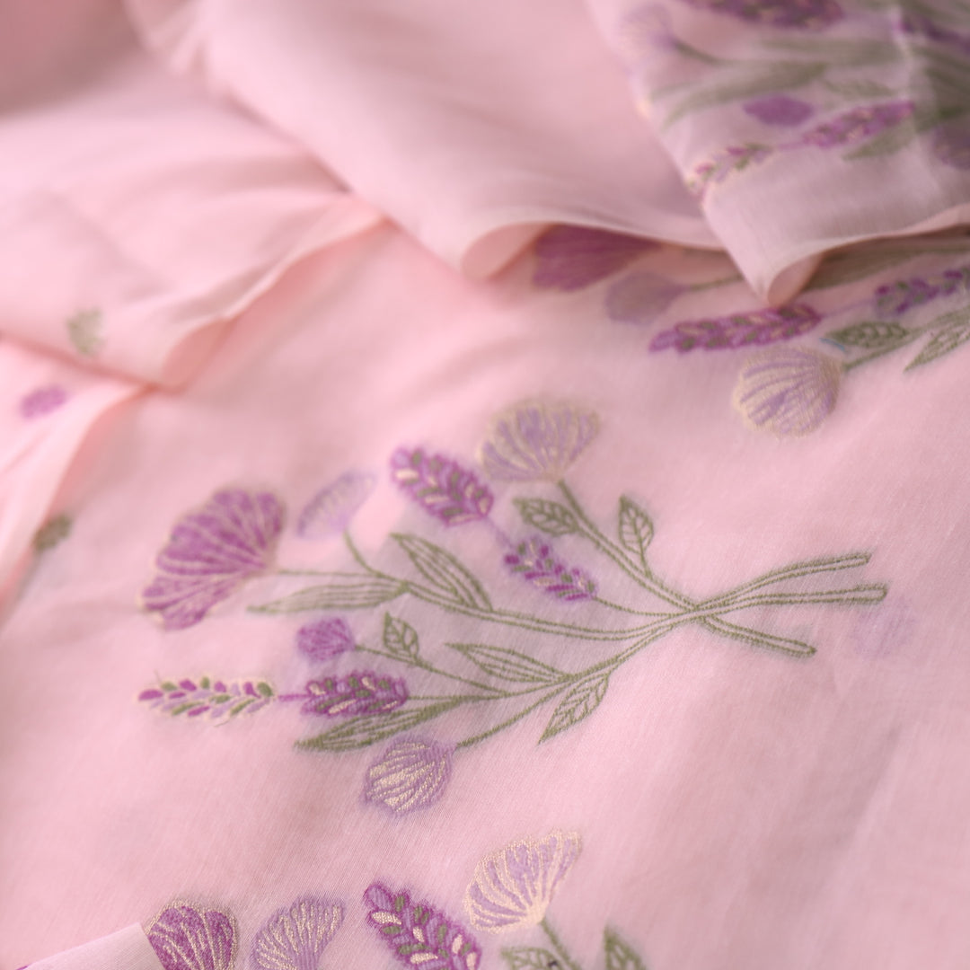 Pink Soft Muga Cotton Jamdani Flower Weaving Unstitched Dress Material