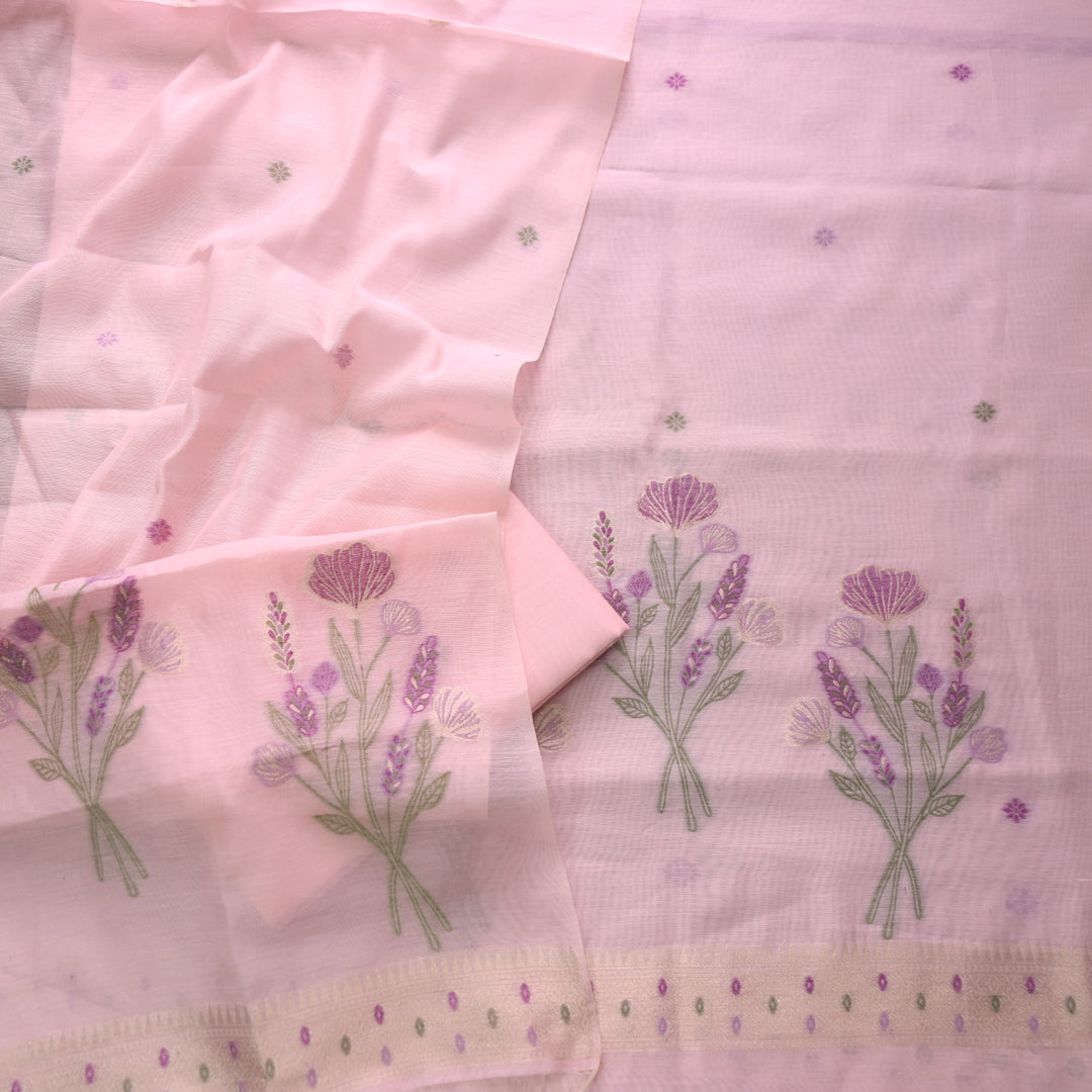 Pink Soft Muga Cotton Jamdani Flower Weaving Unstitched Dress Material