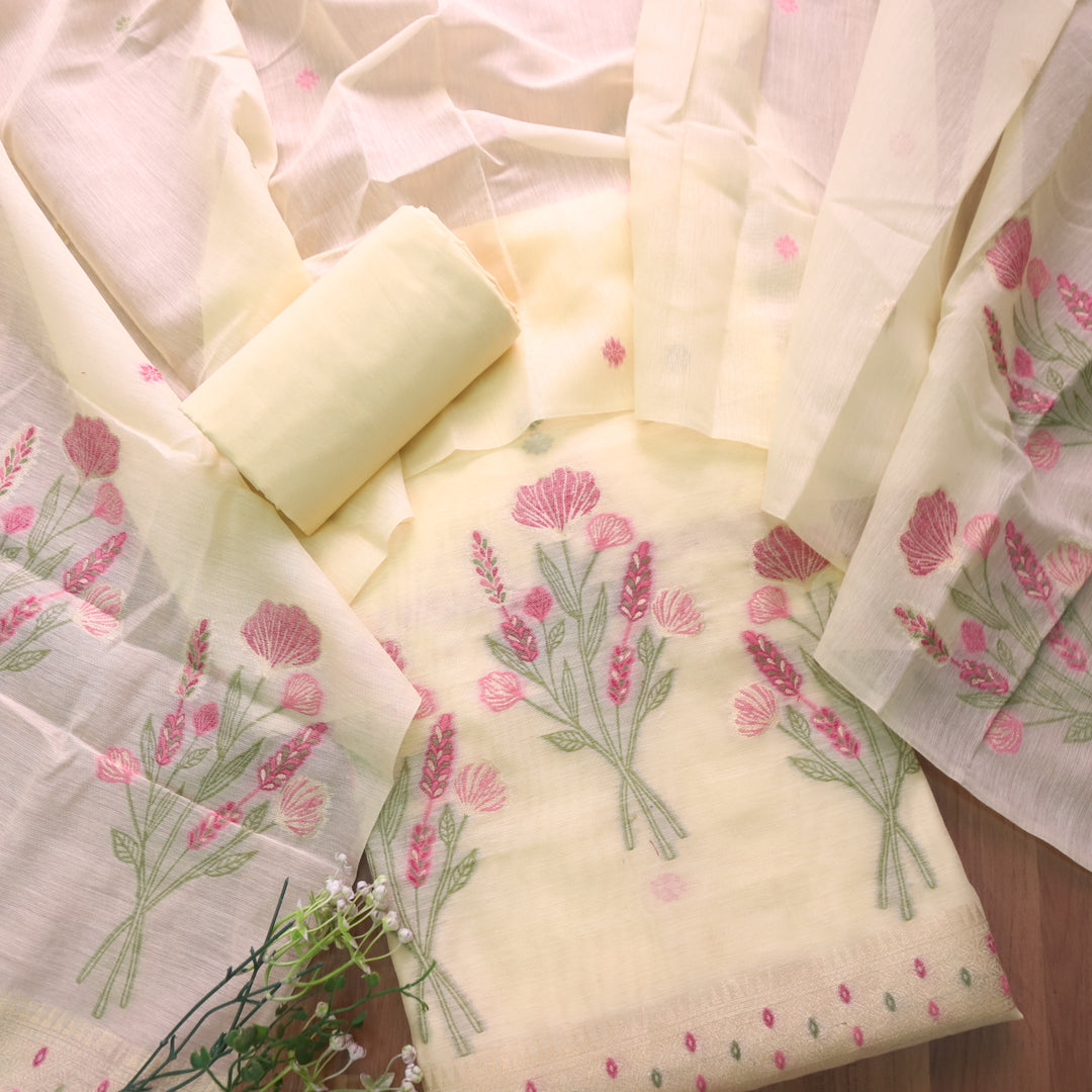 Cream Soft Muga Cotton Jamdani Flower Weaving Unstitched Dress Material