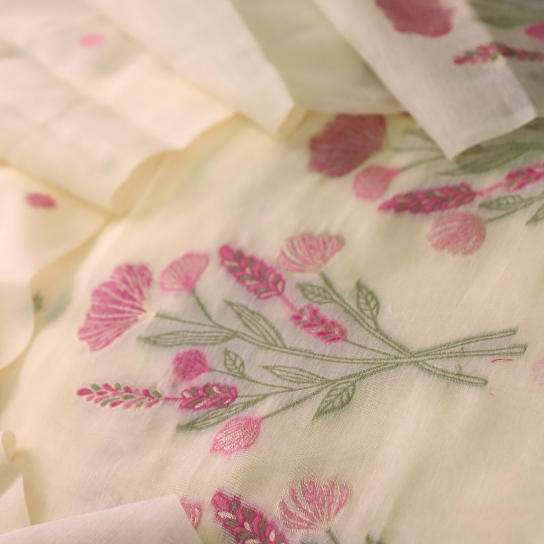 Cream Soft Muga Cotton Jamdani Flower Weaving Unstitched Dress Material