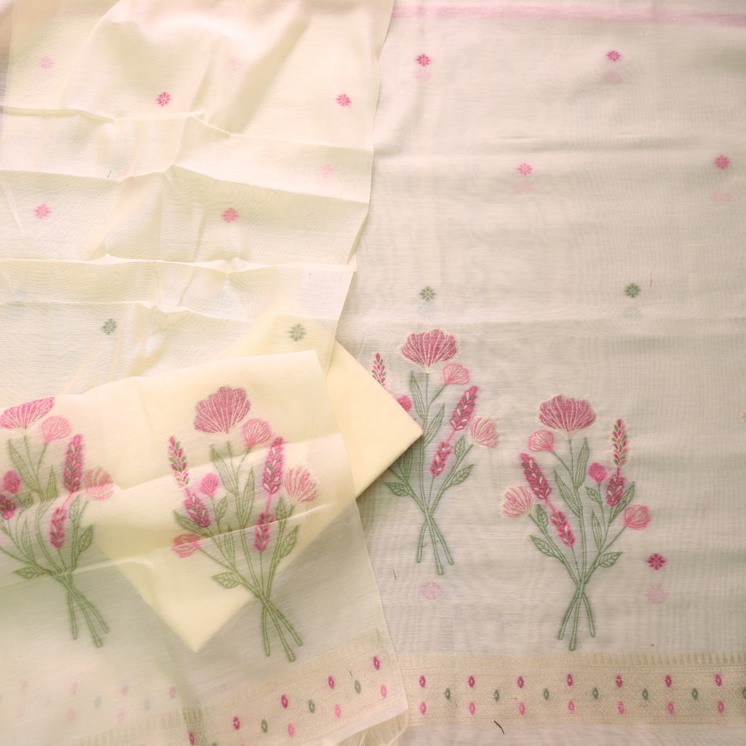 Cream Soft Muga Cotton Jamdani Flower Weaving Unstitched Dress Material