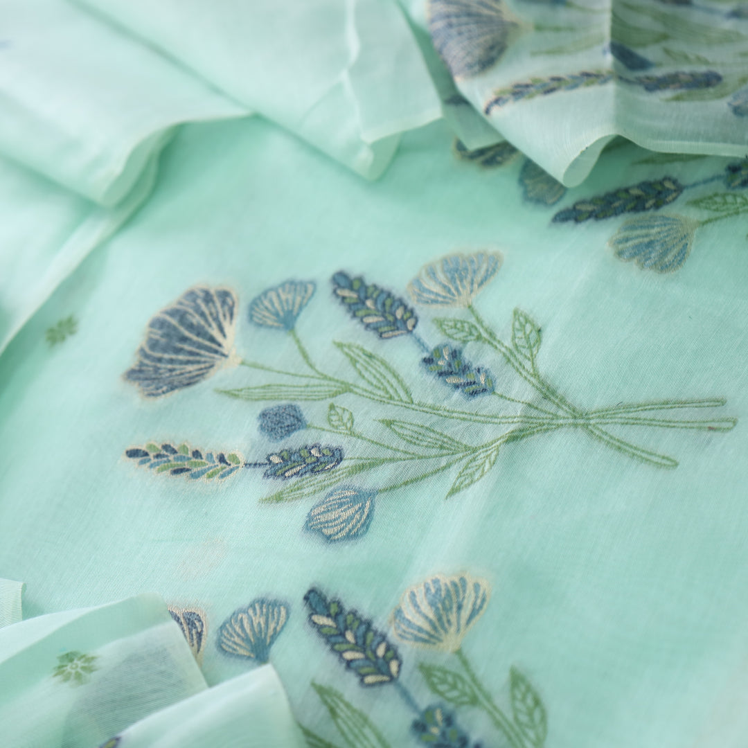 Sea Green Soft Muga Cotton Jamdani Flower Weaving Unstitched Dress Material