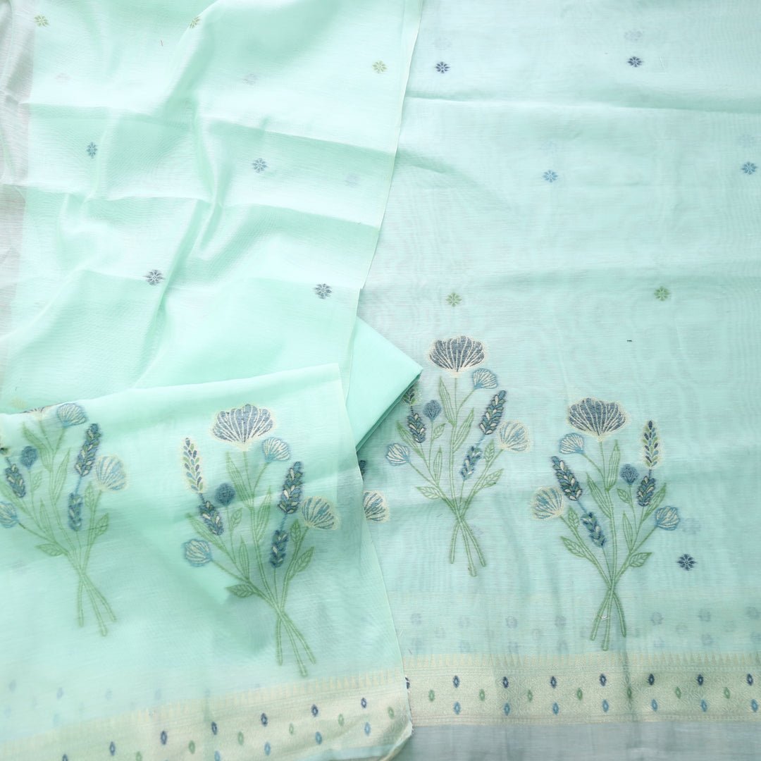 Sea Green Soft Muga Cotton Jamdani Flower Weaving Unstitched Dress Material