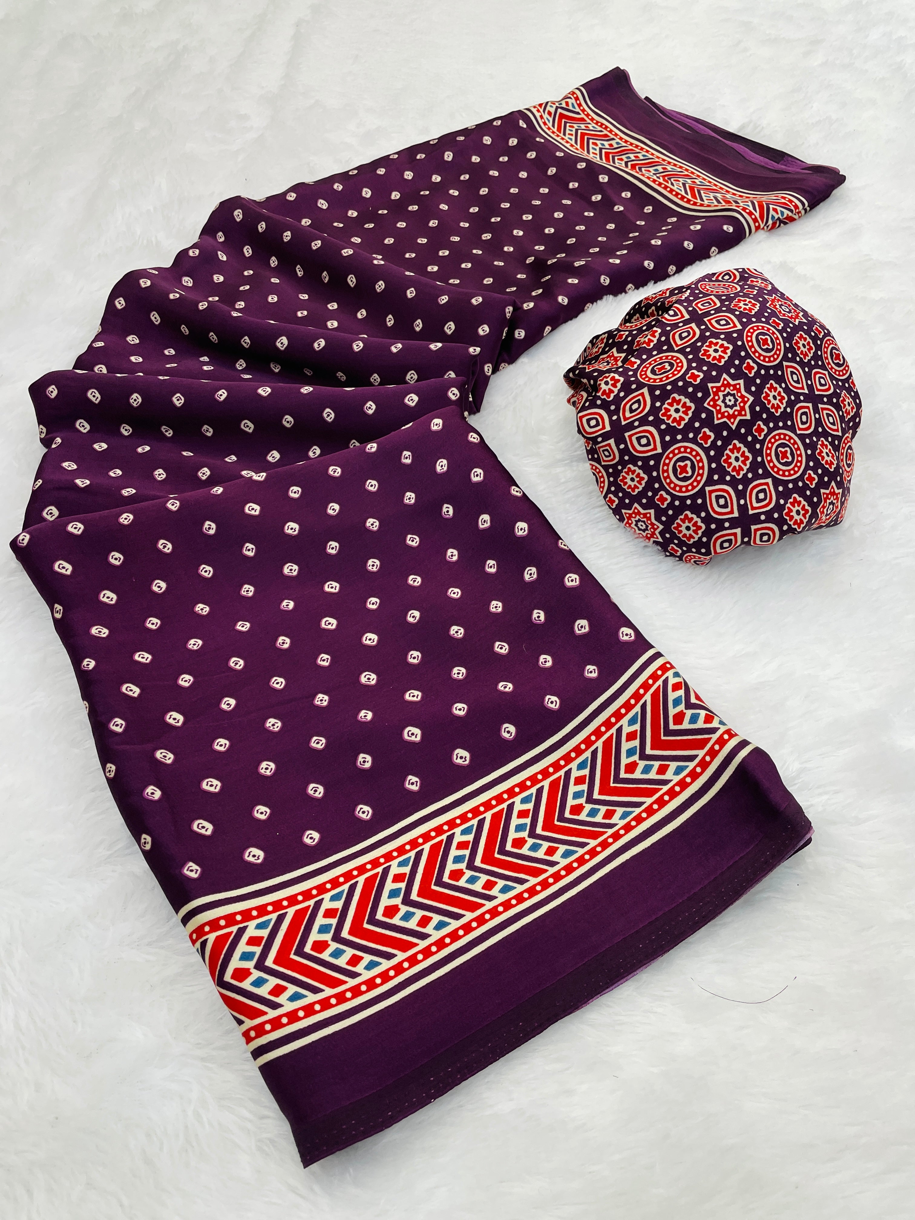 Gajal Wine Modal Silk Bandhani With Ajrakh Natural Print Saree